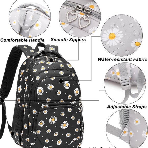 Createy Girls Daisy Backpack, Lunch Box, Pencil Case 3Pcs Black or Gray - Picture 3 of 15